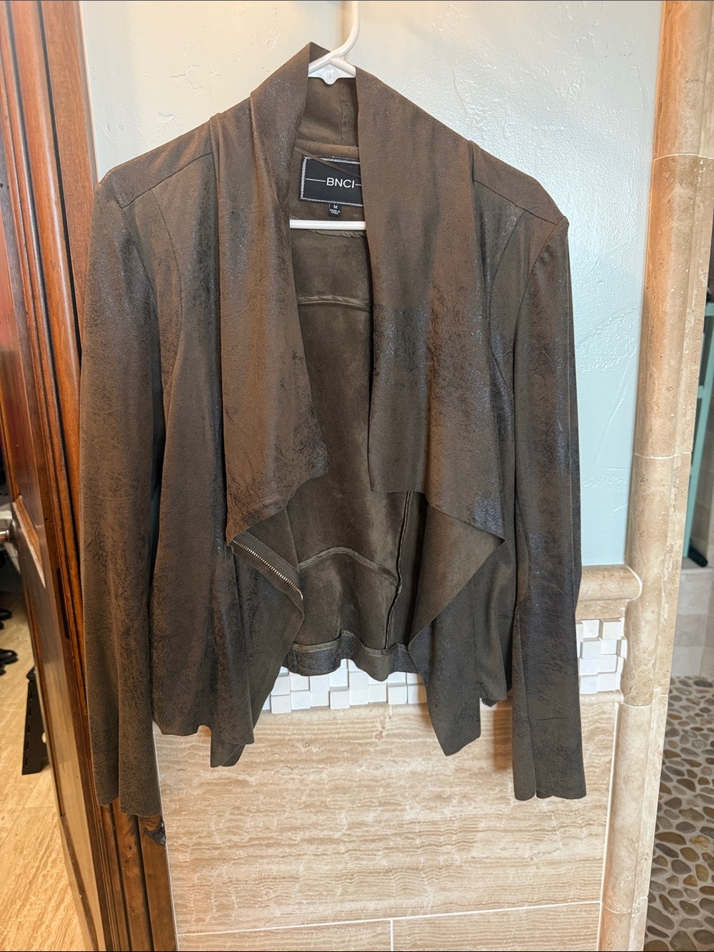 BNCI Casual Draped Open-Front Leather Jacket in Dark Brown
